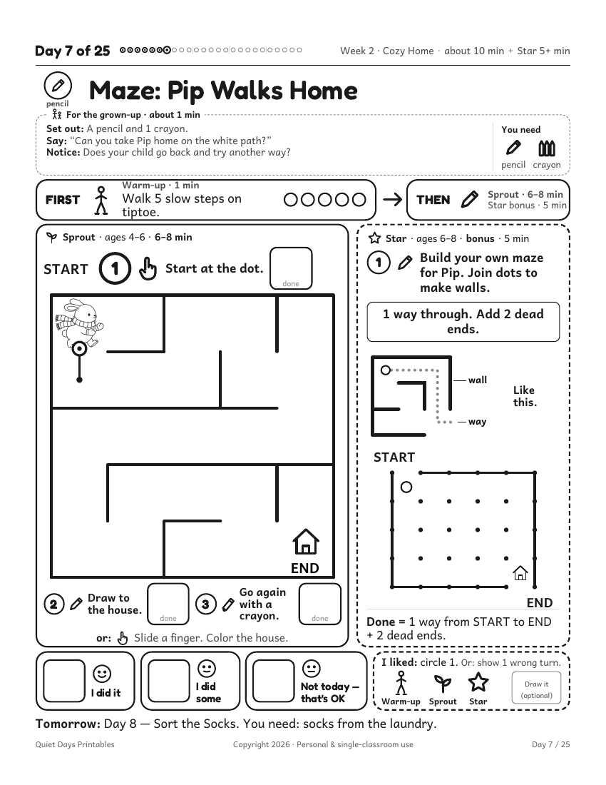 Printable winter maze page, Maze: Pip Walks Home, with a grown-up note, a Sprout maze for ages 4–6 and a Star build-your-own-maze challenge for ages 6–8