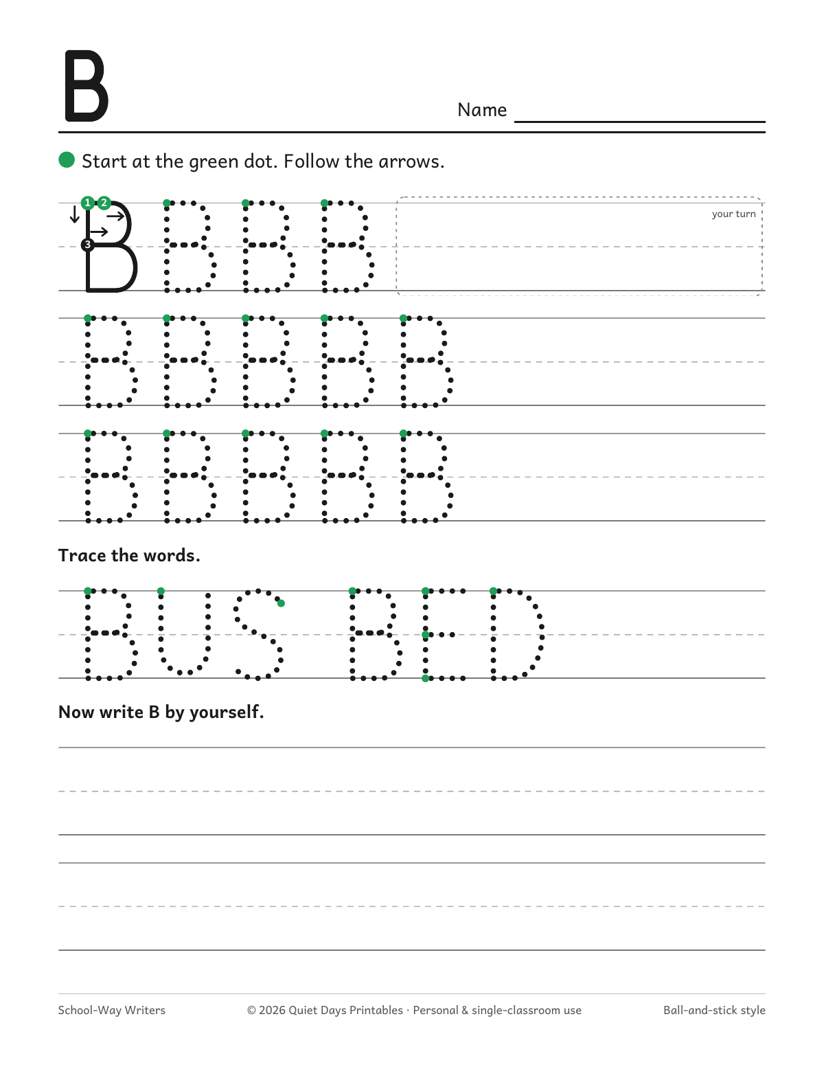 Letter B tracing page with a green start dot, numbered arrows, rows to trace and an empty box to write the letter alone