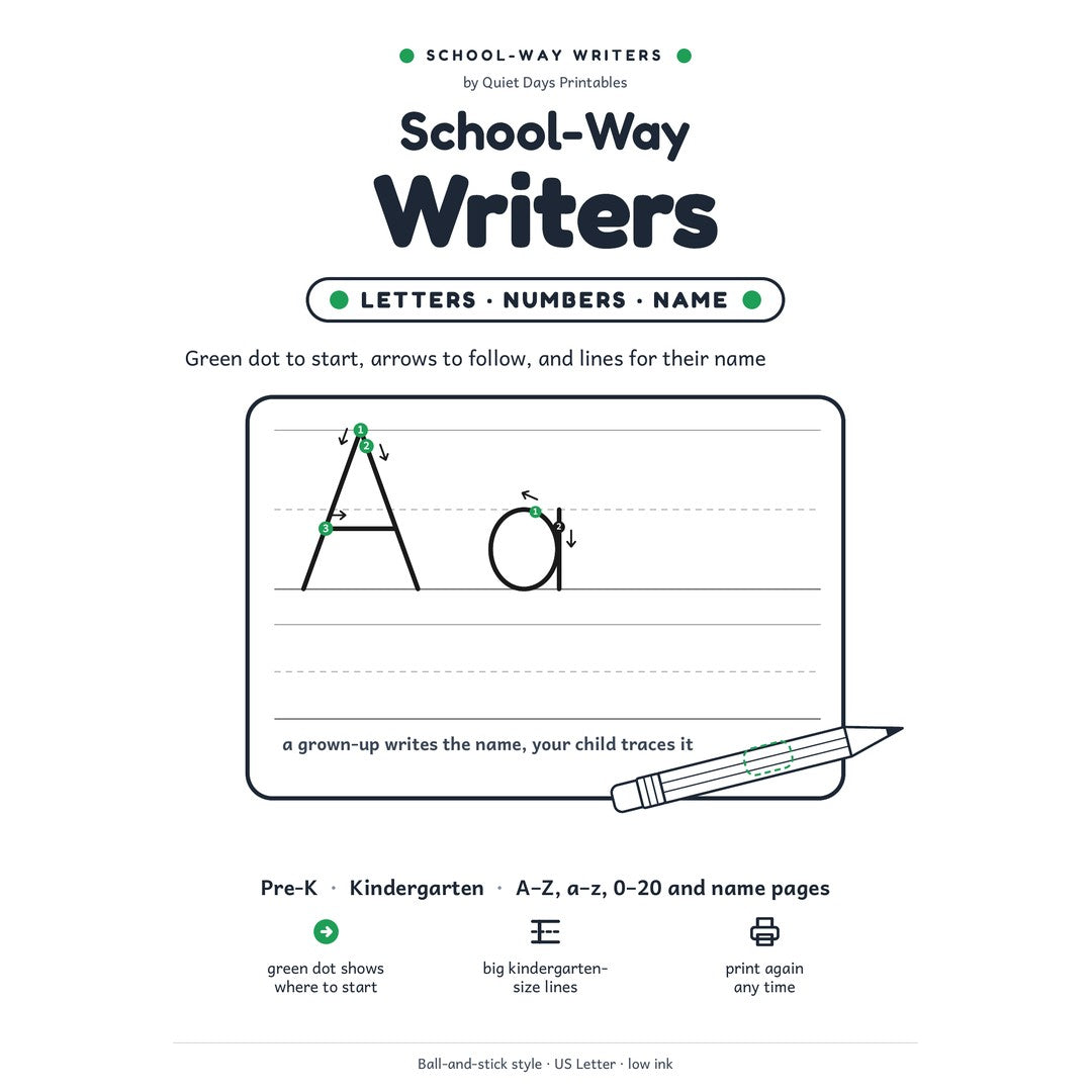 Cover of School-Way Writers: Letters, Numbers & Name (shown colored in)