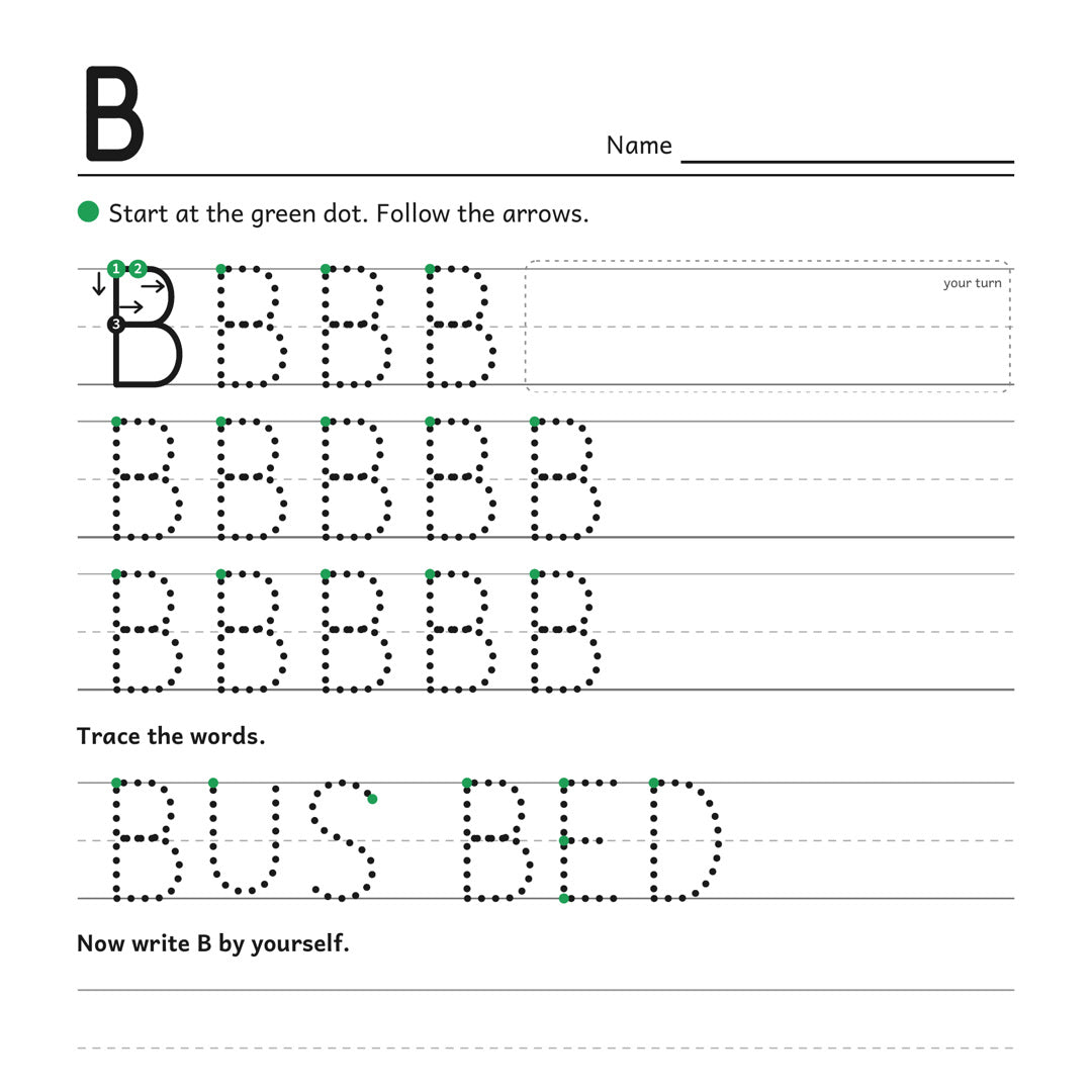 Letter B page, black ink with green start dots