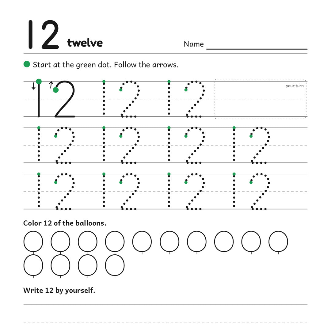 Number 12 page, black ink with green start dots